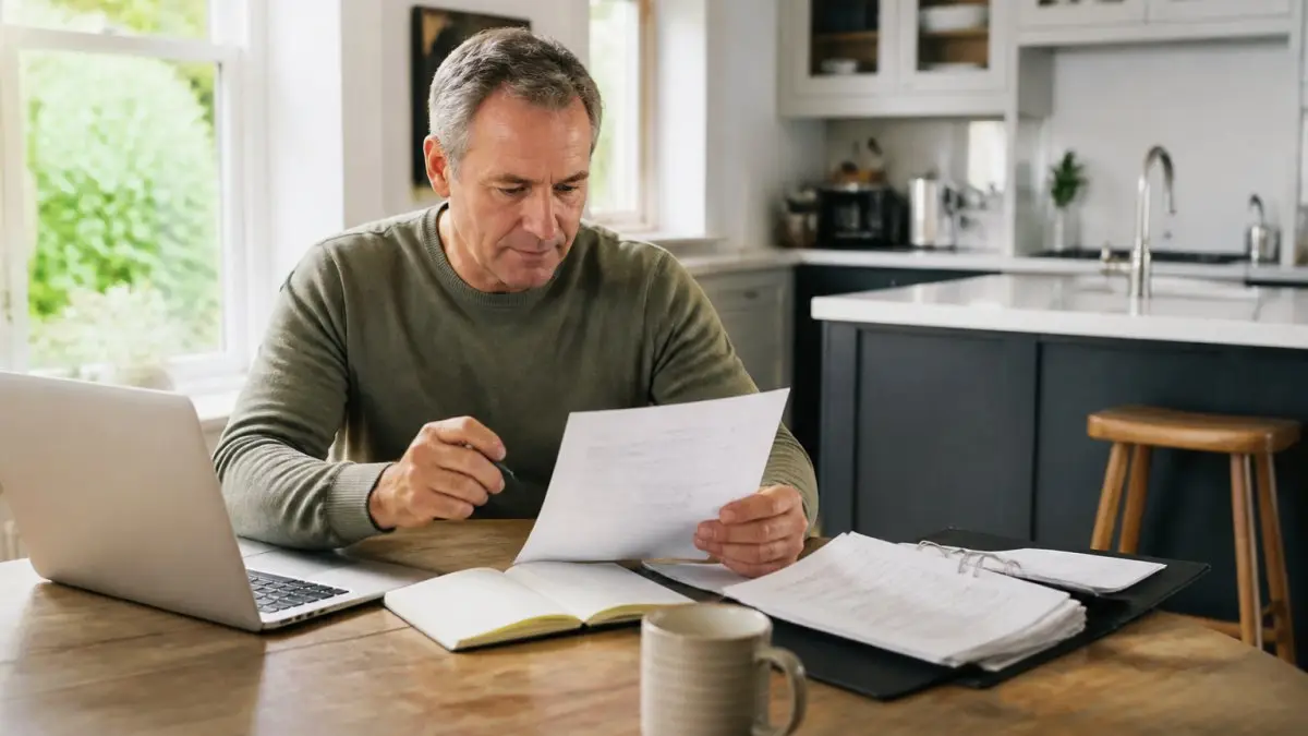 A person in their 50s sitting at a kitchen table with a laptop, a folder of financial statements, a notepad, and a cup of coffee, reviewing documents in natural daylight