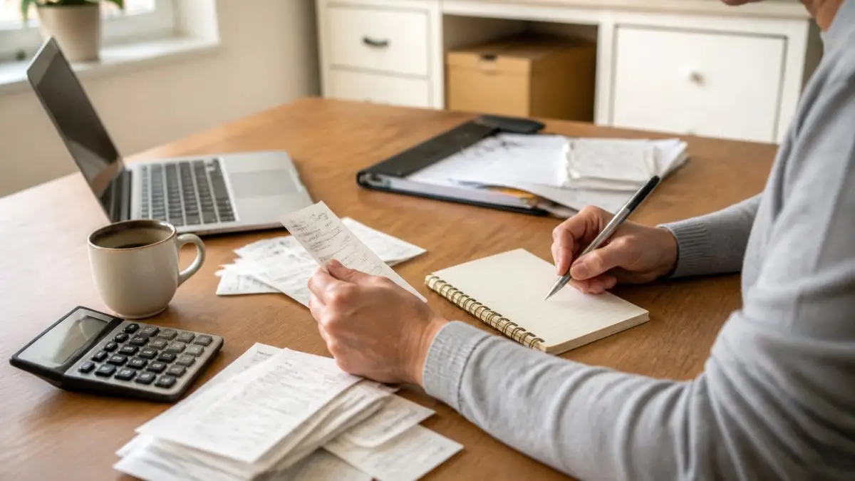 Small business owner reviewing receipts and a digital spreadsheet to organize records for business taxes at a desk
