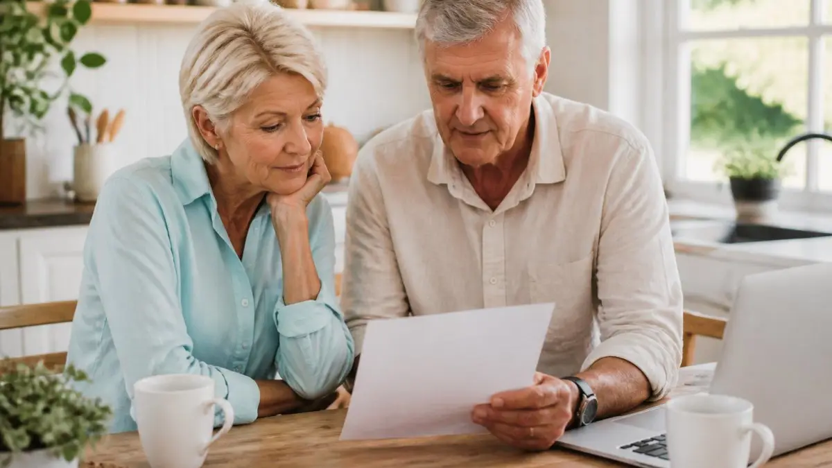 A retired couple in their 60s reviewing a printed portfolio summary at a kitchen table with a laptop and coffee mugs, bright natural light, calm and focused mood