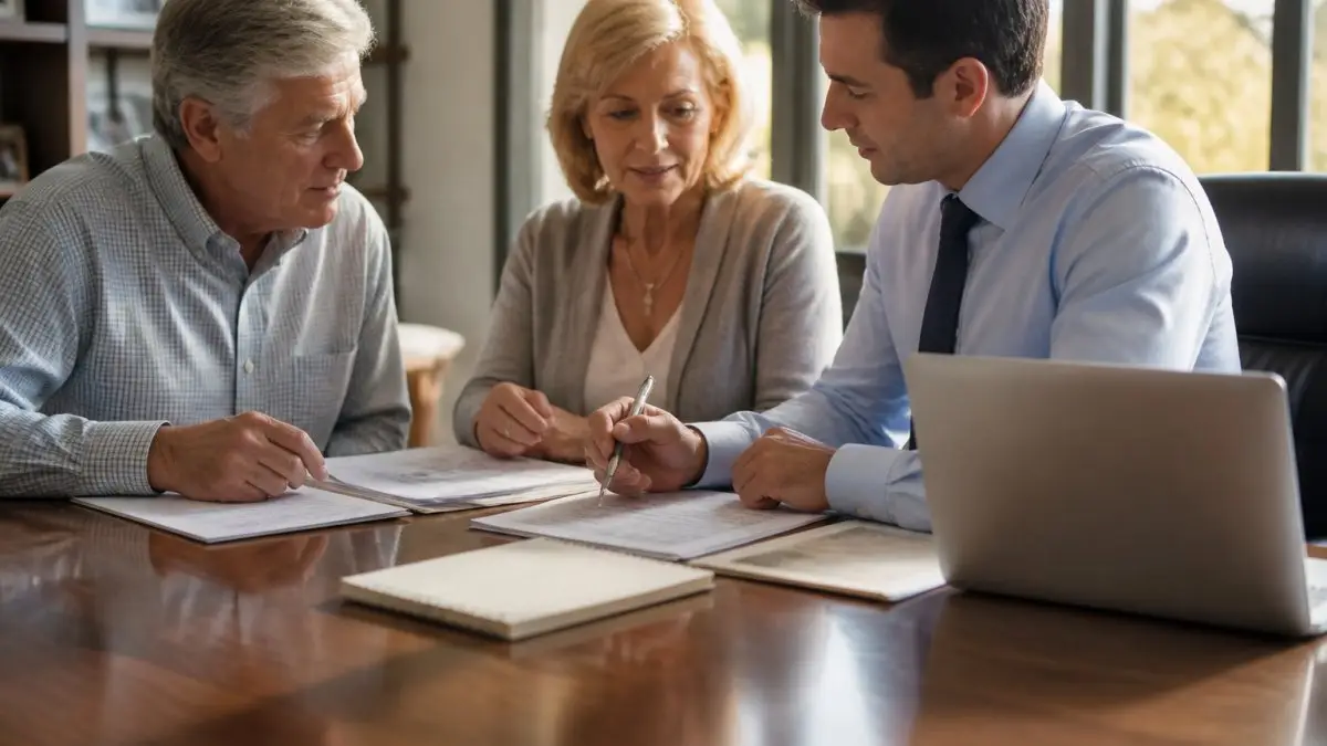 Financial advisor reviewing tax planning strategies for high net worth individuals with a couple at a desk.